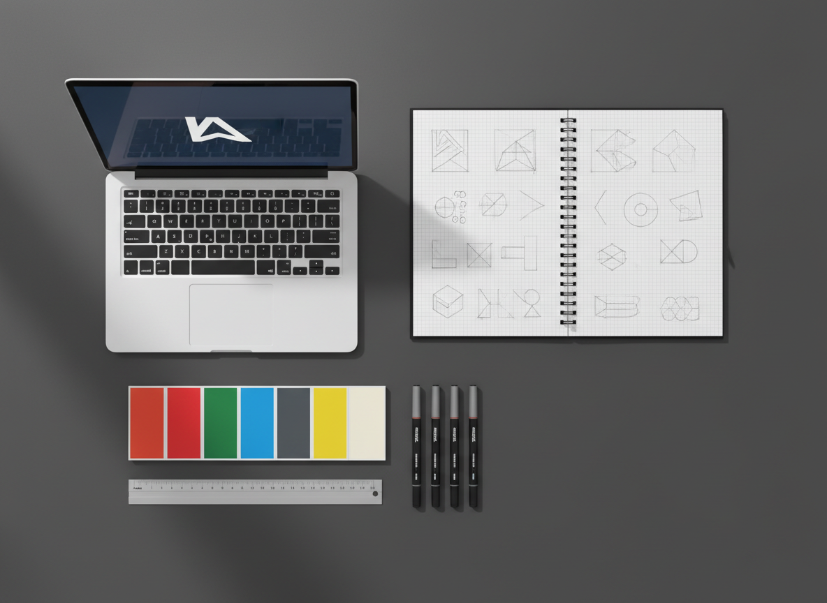 A meticulously arranged flat-lay of a graphic designer’s workspace on a matte charcoal desk, featuring a sleek silver laptop displaying a bold, minimalist logo on a dark interface, a thick sketchbook opened to crisp grid paper filled with precise pencil logo explorations, and neatly aligned color swatch cards in vivid primaries and neutrals. A set of fine-tip black markers and a metal ruler rest parallel to the sketchbook. Soft, diffused daylight from an unseen window creates gentle reflections on the laptop and subtle shadows along the tools. Photographic realism, shot from a true bird’s-eye view with sharp focus across the frame, conveying a professional, calm, highly organized atmosphere suitable for a design portfolio hero image.