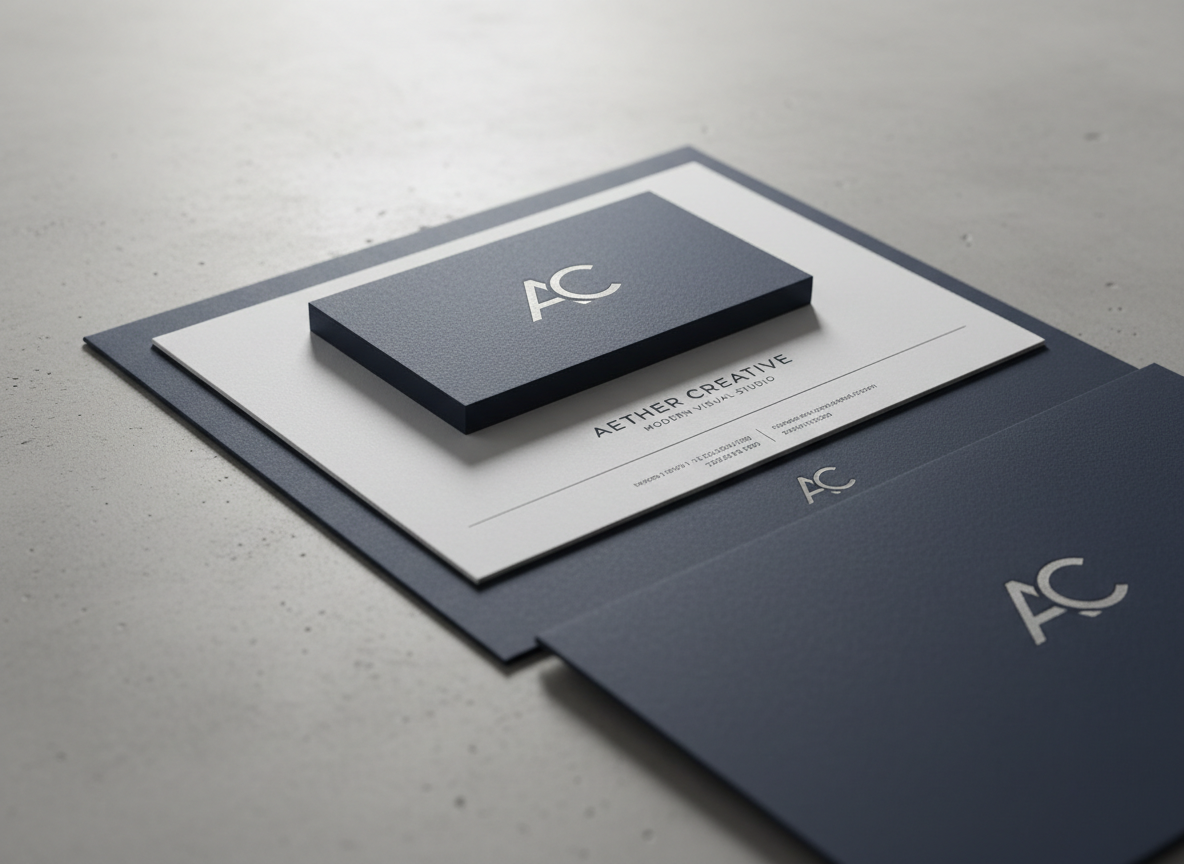 A close-up of a stack of premium branding materials for a fictional modern studio: a thick, textured navy business card with debossed silver monogram on top of a matching letterhead, envelope, and minimalist presentation folder, all aligned with exacting precision on a pale concrete surface. The typography is clean sans-serif, with generous white space and a sophisticated grid. Soft studio lighting from the left creates delicate shadows between each item and highlights the paper’s subtle tooth and metallic ink sheen. Photographic realism, captured at a slightly elevated three-quarter angle with shallow depth of field, producing a refined, professional, and timeless mood that showcases meticulous graphic design craftsmanship.