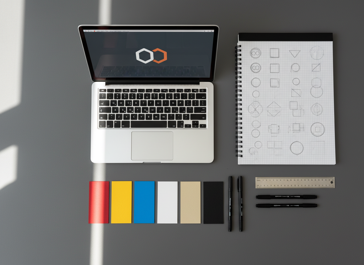 A meticulously arranged flat-lay of a graphic designer’s workspace on a matte charcoal desk, featuring a sleek silver laptop displaying a bold, minimalist logo on a dark interface, a thick sketchbook opened to crisp grid paper filled with precise pencil logo explorations, and neatly aligned color swatch cards in vivid primaries and neutrals. A set of fine-tip black markers and a metal ruler rest parallel to the sketchbook. Soft, diffused daylight from an unseen window creates gentle reflections on the laptop and subtle shadows along the tools. Photographic realism, shot from a true bird’s-eye view with sharp focus across the frame, conveying a professional, calm, highly organized atmosphere suitable for a design portfolio hero image.