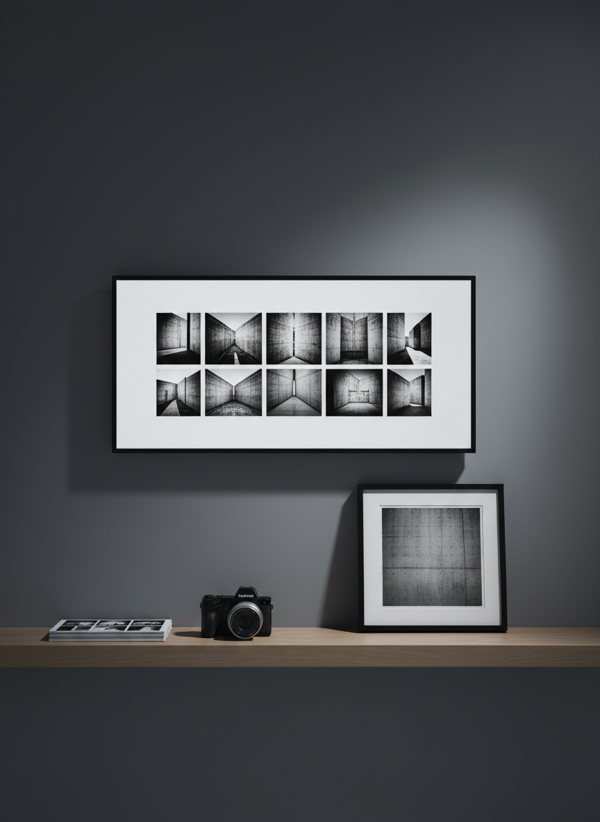 A minimalist photography feature layout displayed on a large, ultra-thin monitor set against a smooth, dark grey wall, showing a monochrome grid of architectural detail shots with razor-sharp contrast and generous negative space. Below the monitor, on a simple oak shelf, rest a high-end mirrorless camera with a prime lens, a stack of contact sheets, and a single framed fine-art print leaning casually yet precisely. Subtle, cool-toned ambient lighting combined with a focused spotlight on the framed print creates a gallery-like feel, with soft, elongated shadows. Photographic realism, captured from a slightly off-center eye-level angle, emphasizing clarity, precision, and a contemplative, professional mood ideal for showcasing photography within a design portfolio.