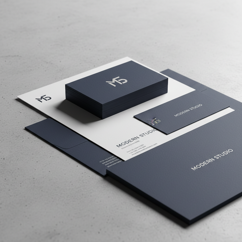 A close-up of a stack of premium branding materials for a fictional modern studio: a thick, textured navy business card with debossed silver monogram on top of a matching letterhead, envelope, and minimalist presentation folder, all aligned with exacting precision on a pale concrete surface. The typography is clean sans-serif, with generous white space and a sophisticated grid. Soft studio lighting from the left creates delicate shadows between each item and highlights the paper’s subtle tooth and metallic ink sheen. Photographic realism, captured at a slightly elevated three-quarter angle with shallow depth of field, producing a refined, professional, and timeless mood that showcases meticulous graphic design craftsmanship.