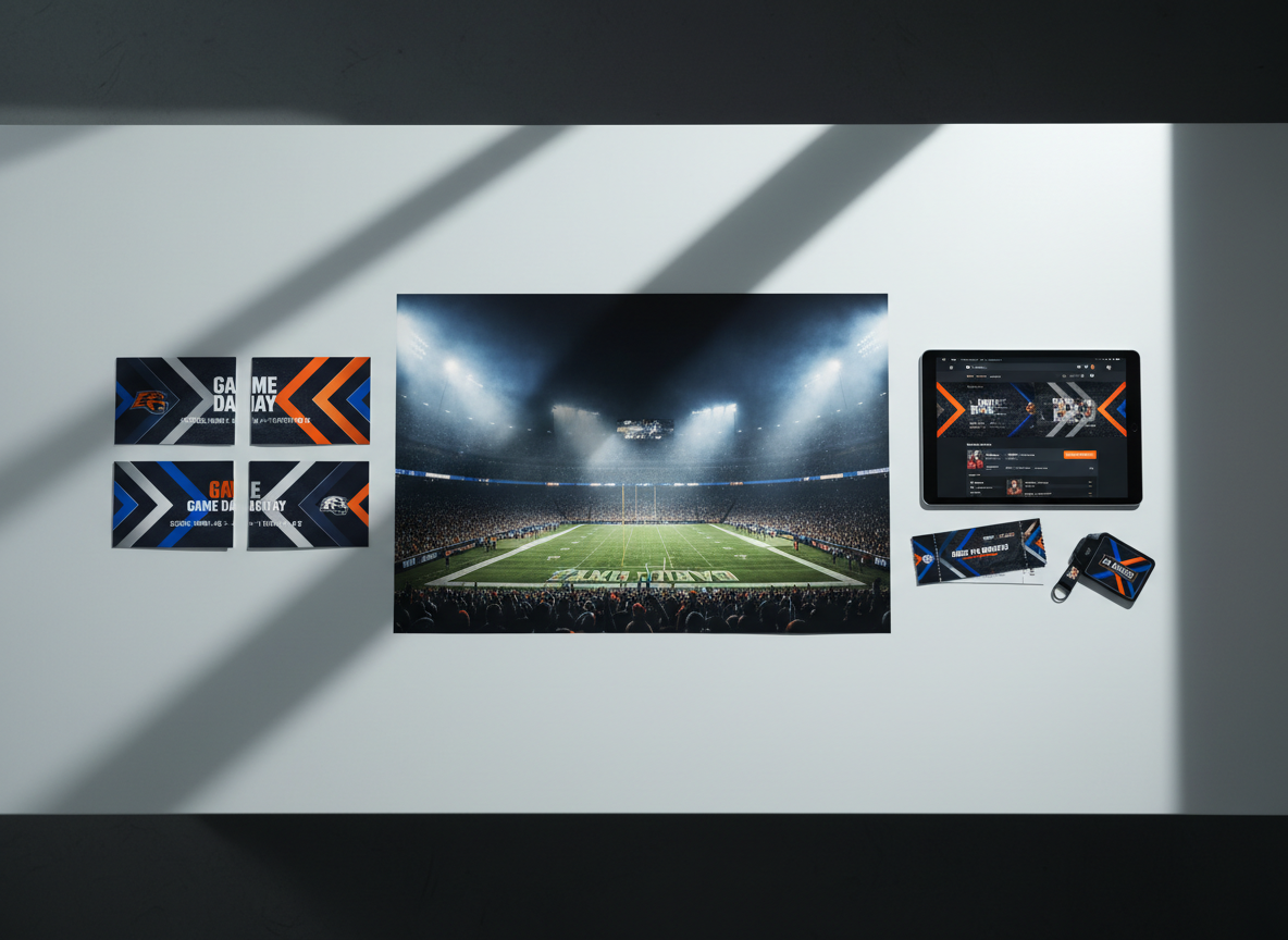An overhead shot of a sports media concept layout spread across a large white table: a glossy print of a dramatic stadium scene at night with floodlights cutting through haze, juxtaposed with sleek social media graphics featuring bold team colors, aggressive diagonal lines, and dynamic score overlays. Nearby, a tablet displays a responsive web mockup for a game-day landing page, and a pair of branded tickets and a lanyard sit neatly arranged. Cool, directional studio lighting from the upper right casts crisp, graphic shadows that echo the angular design language. Photographic realism, with moderate depth of field and strong compositional diagonals, creates a bold, high-energy yet controlled atmosphere.