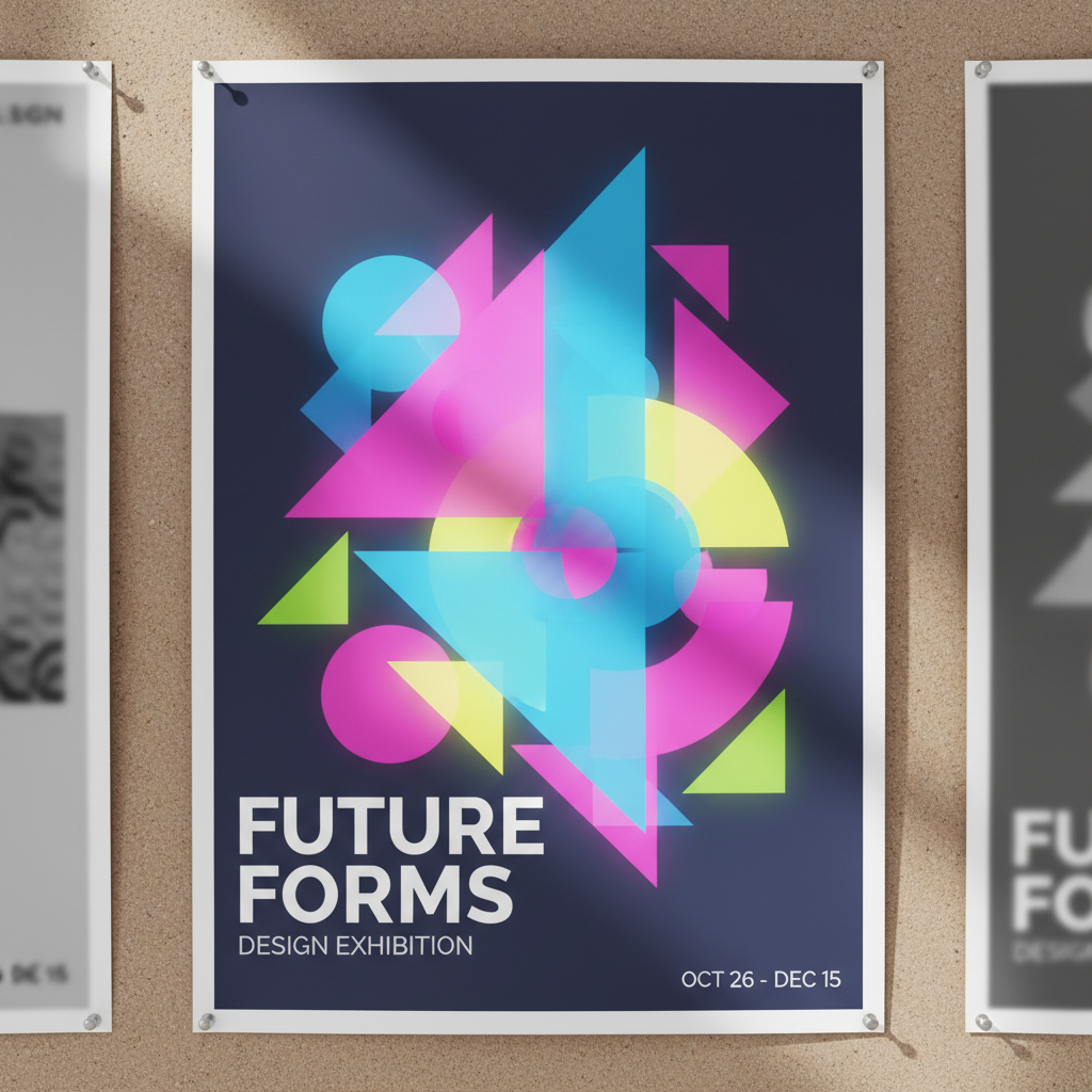 A vivid, edge-to-edge poster design pinned to a neutral cork board, featuring an abstract geometric composition of overlapping neon shapes and bold typography announcing a fictional design exhibition. The poster’s surface is semi-gloss, catching streaks of cool gallery-style spotlighting from above that create faint specular highlights. Around the poster, blurred hints of other muted works recede into the background, emphasizing this central piece. Photographic realism, shot straight-on at eye level with a perfectly rectilinear perspective, ensuring crisp edges and legible type. The atmosphere feels energetic and contemporary, with saturated colors and a clean, modern aesthetic that communicates dynamic poster design expertise.
