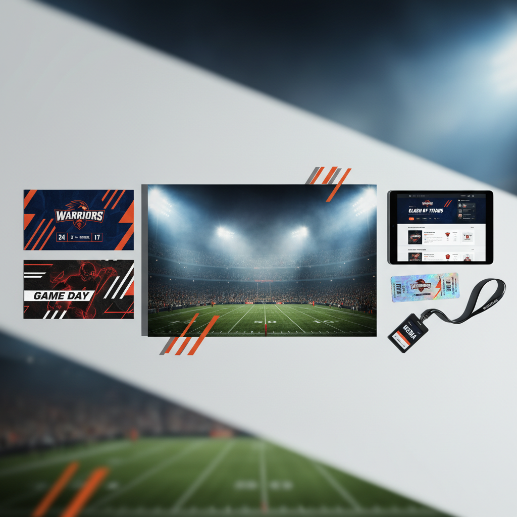 An overhead shot of a sports media concept layout spread across a large white table: a glossy print of a dramatic stadium scene at night with floodlights cutting through haze, juxtaposed with sleek social media graphics featuring bold team colors, aggressive diagonal lines, and dynamic score overlays. Nearby, a tablet displays a responsive web mockup for a game-day landing page, and a pair of branded tickets and a lanyard sit neatly arranged. Cool, directional studio lighting from the upper right casts crisp, graphic shadows that echo the angular design language. Photographic realism, with moderate depth of field and strong compositional diagonals, creates a bold, high-energy yet controlled atmosphere.