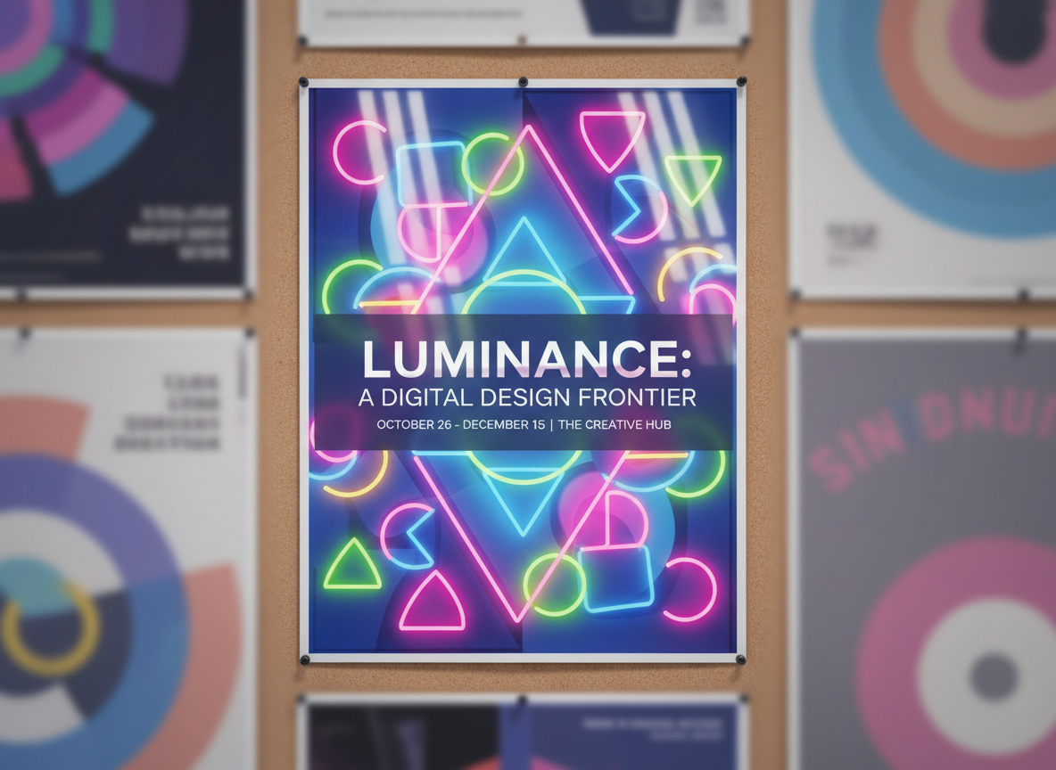 A vivid, edge-to-edge poster design pinned to a neutral cork board, featuring an abstract geometric composition of overlapping neon shapes and bold typography announcing a fictional design exhibition. The poster’s surface is semi-gloss, catching streaks of cool gallery-style spotlighting from above that create faint specular highlights. Around the poster, blurred hints of other muted works recede into the background, emphasizing this central piece. Photographic realism, shot straight-on at eye level with a perfectly rectilinear perspective, ensuring crisp edges and legible type. The atmosphere feels energetic and contemporary, with saturated colors and a clean, modern aesthetic that communicates dynamic poster design expertise.